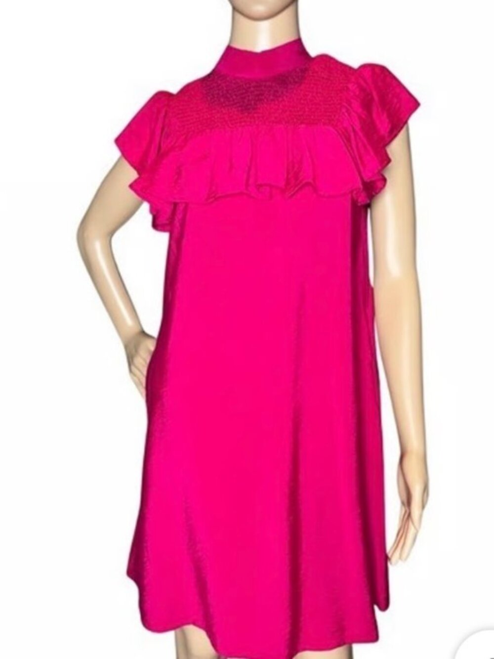 Fuchsia Bright A New Day flowy dress features ruffled cap sleeves.